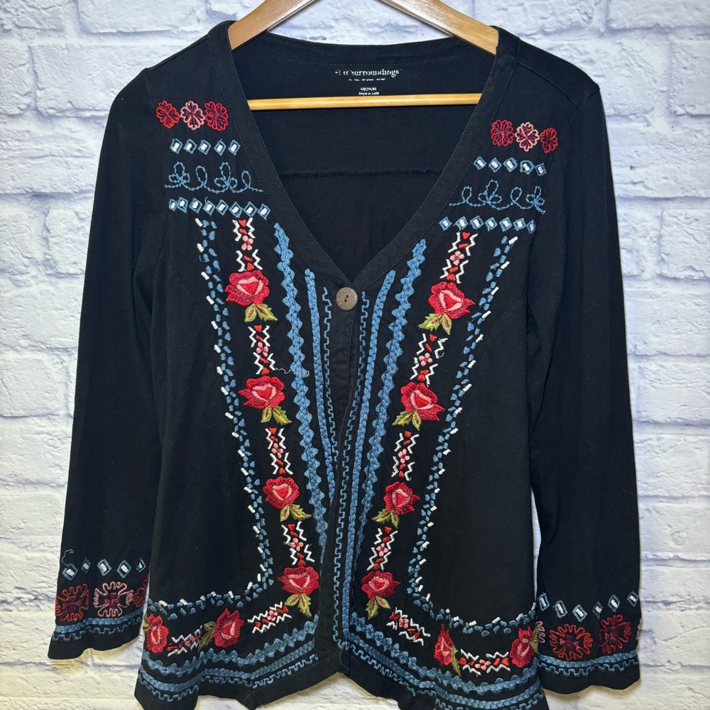 Soft Surroundings Black Floral Embroidered Open Front Cardigan Sweater Medium